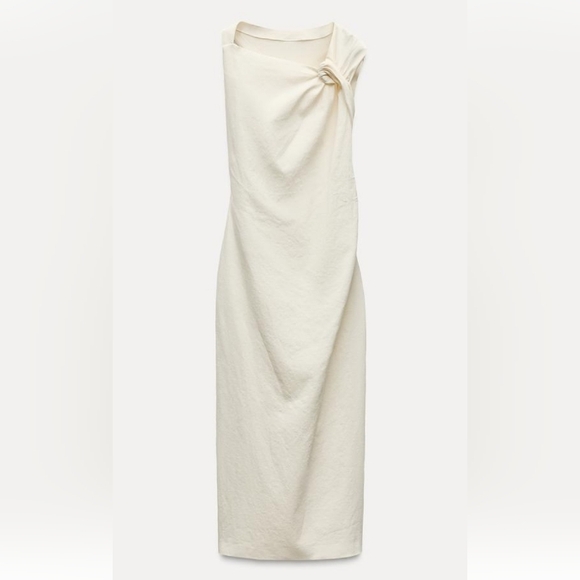 Zara ZW Collection Elegant Cream Linen Blend KnottedDress